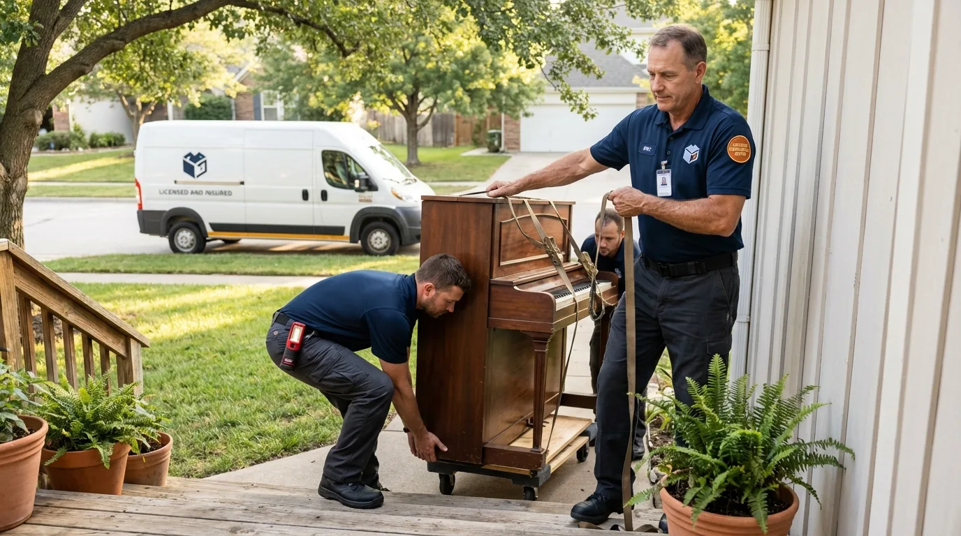Licensed piano movers securing grand piano in Paramus, NJ