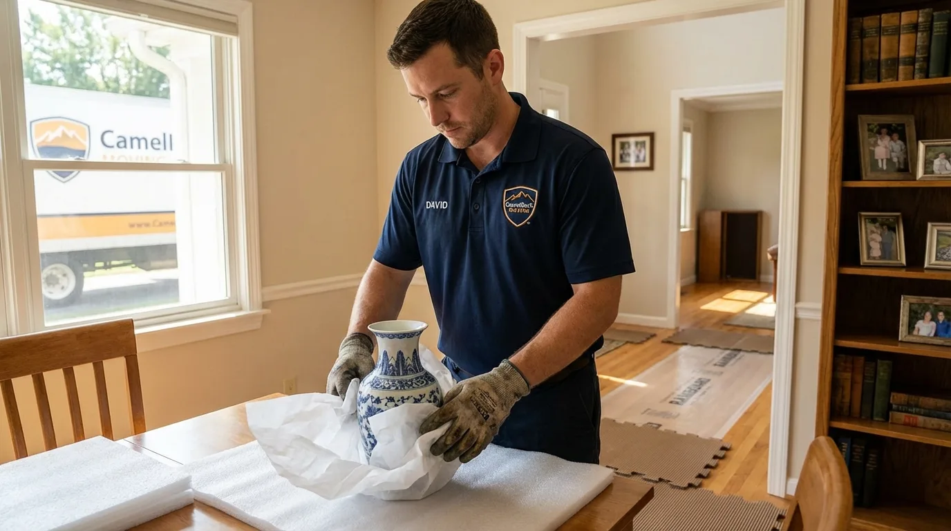 Professional crew carefully wrapping antique vase for senior downsizing move in Paramus, NJ
